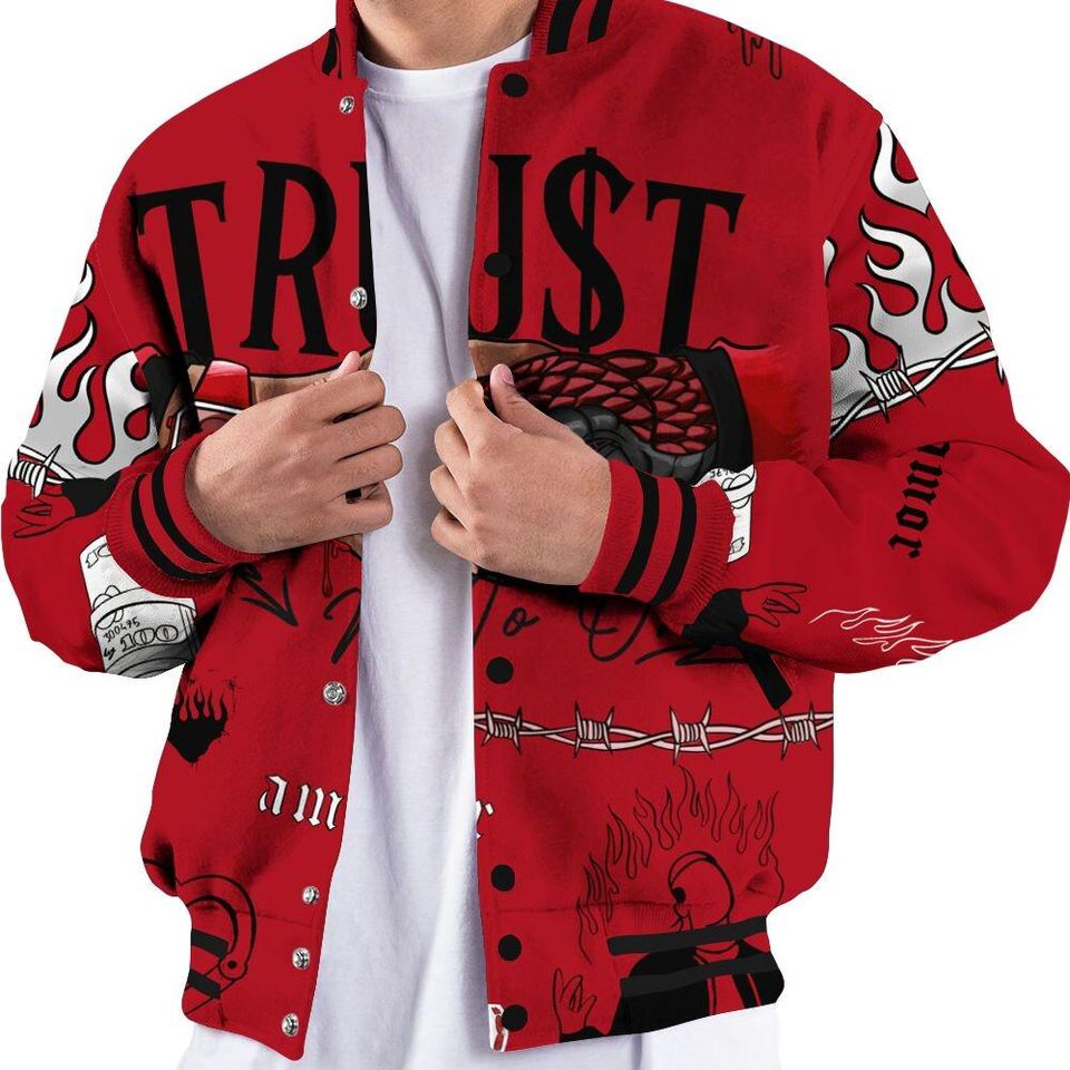 Bred Velvet 11s Varsity Jacket, Trust No One Baseball Jackets