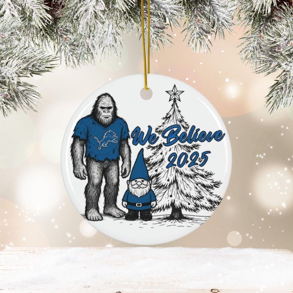 Detroit Football Big Foot and Gnome Believe Ornament, Lions Ornament