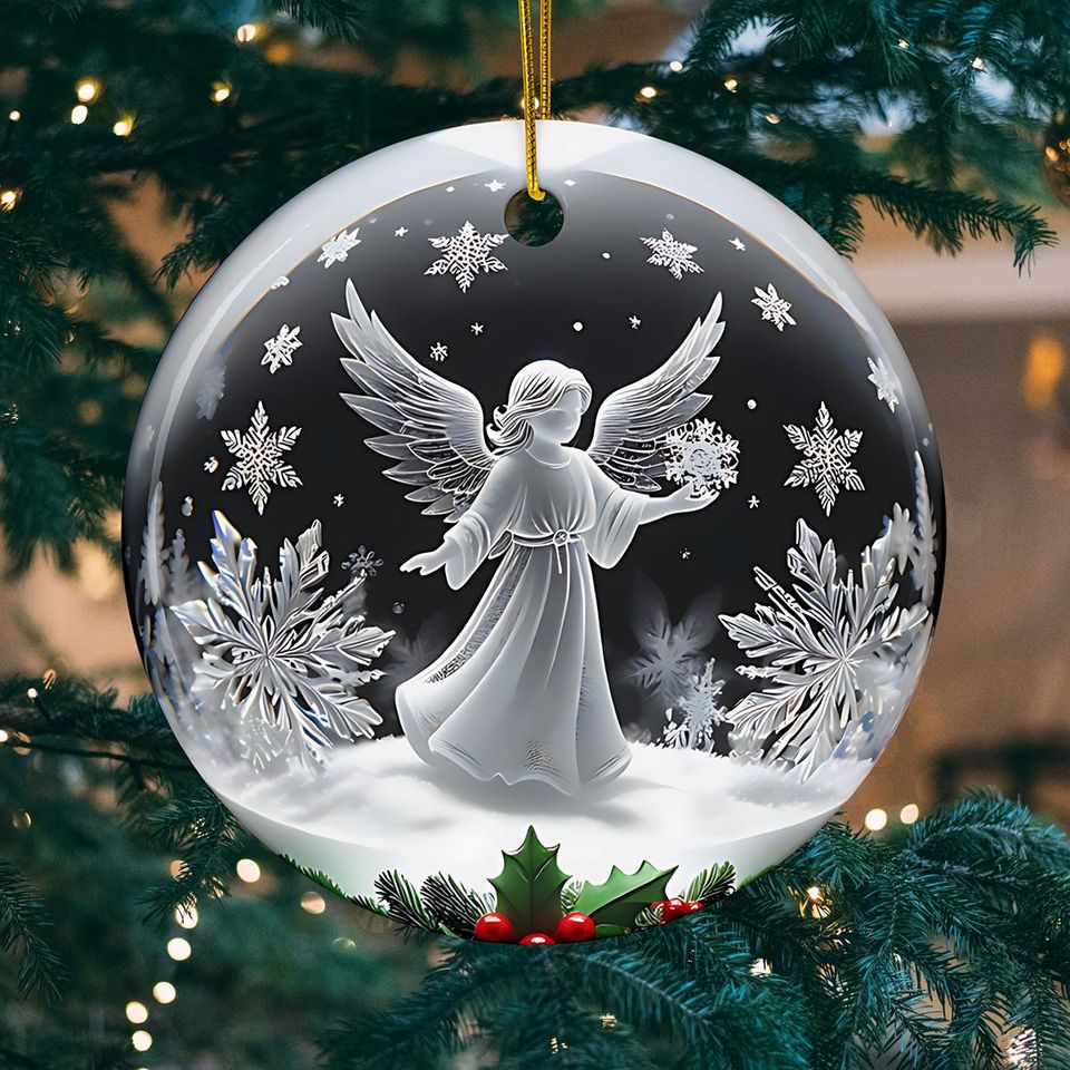 3D Illusion Angel Christmas Ornament: Flat Ceramic Holiday Decor
