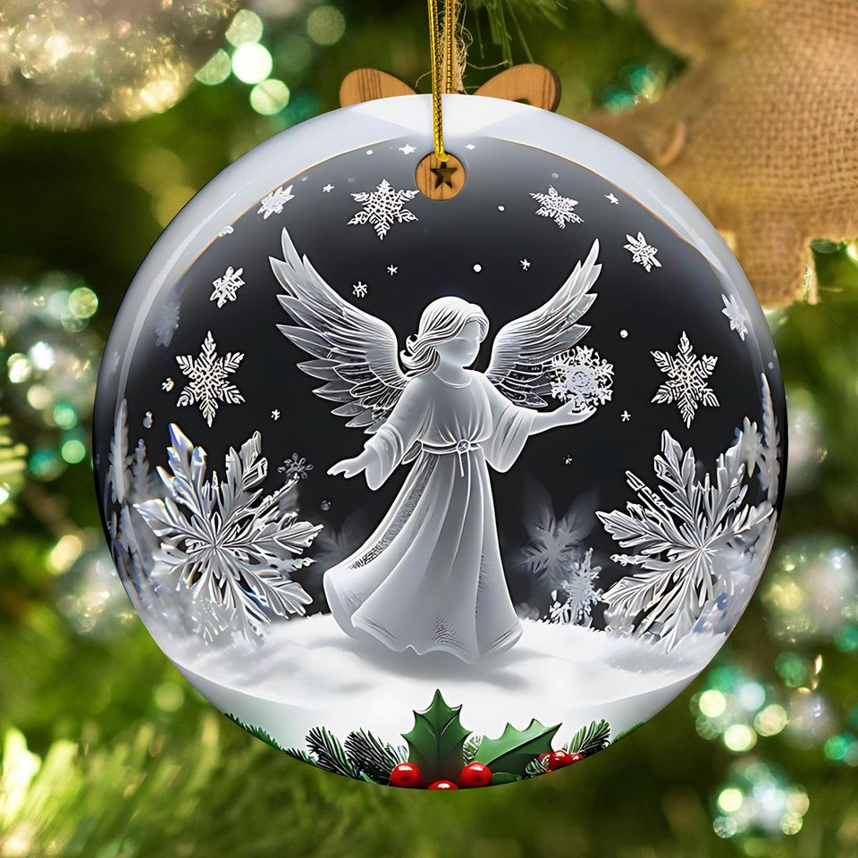 3D Illusion Angel Christmas Ornament: Flat Ceramic Holiday Decor
