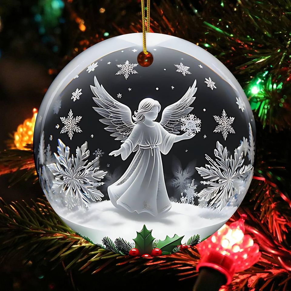 3D Illusion Angel Christmas Ornament: Flat Ceramic Holiday Decor