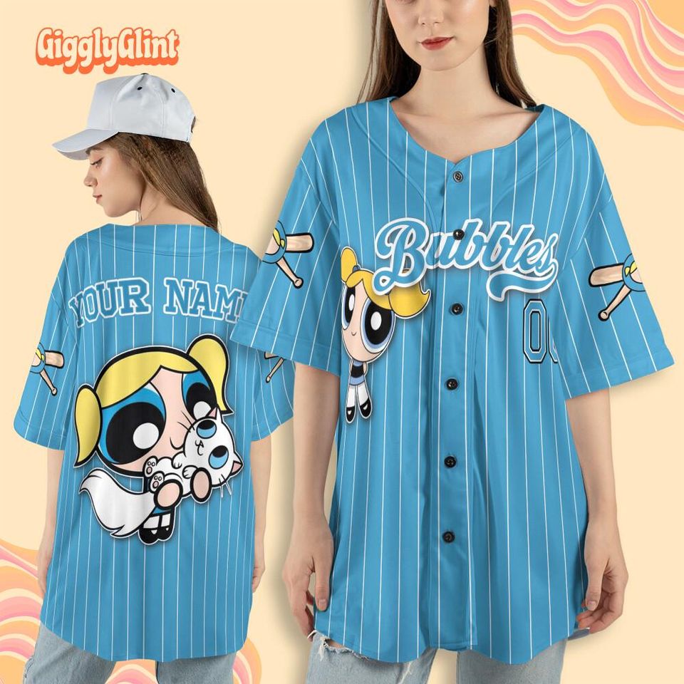 Personalize Bubbles Jersey Blue White, Funny Powerpuff Girls 90s Cartoons, Retro Power Puff Girls Family Jersey, Birthday Gift For Fans
