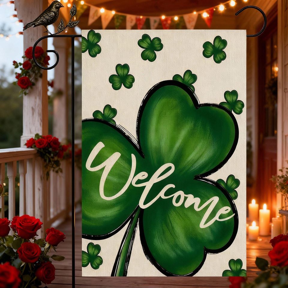 St Patrick Shamrock Welcome Garden Flag Lucky Clover Outdoor Decor