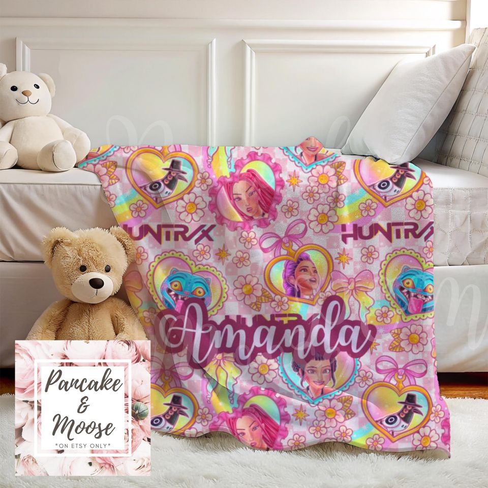 Huntrix blanket, Kpop demon hunters blanket, personalized kawaii cozy throw