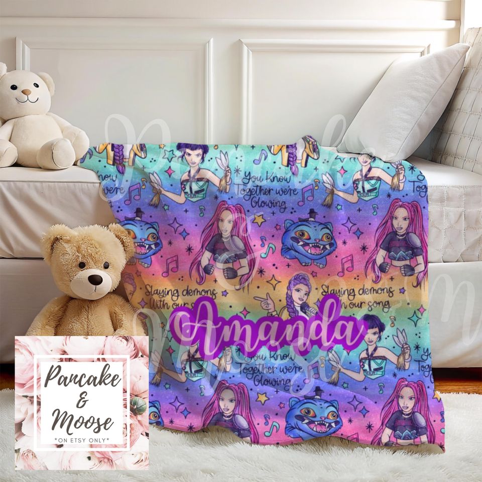 Custom Kpop Demon Hunters Blanket, Personalized Name Throw featuring Mira Rumi Zoey and Derby