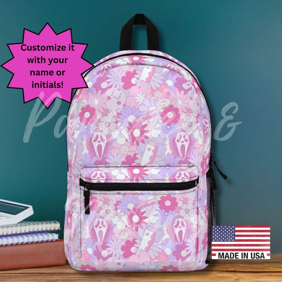 Pastel Horror Floral Backpack - Cute Scary Face & Dagger Print in Pink and Purple