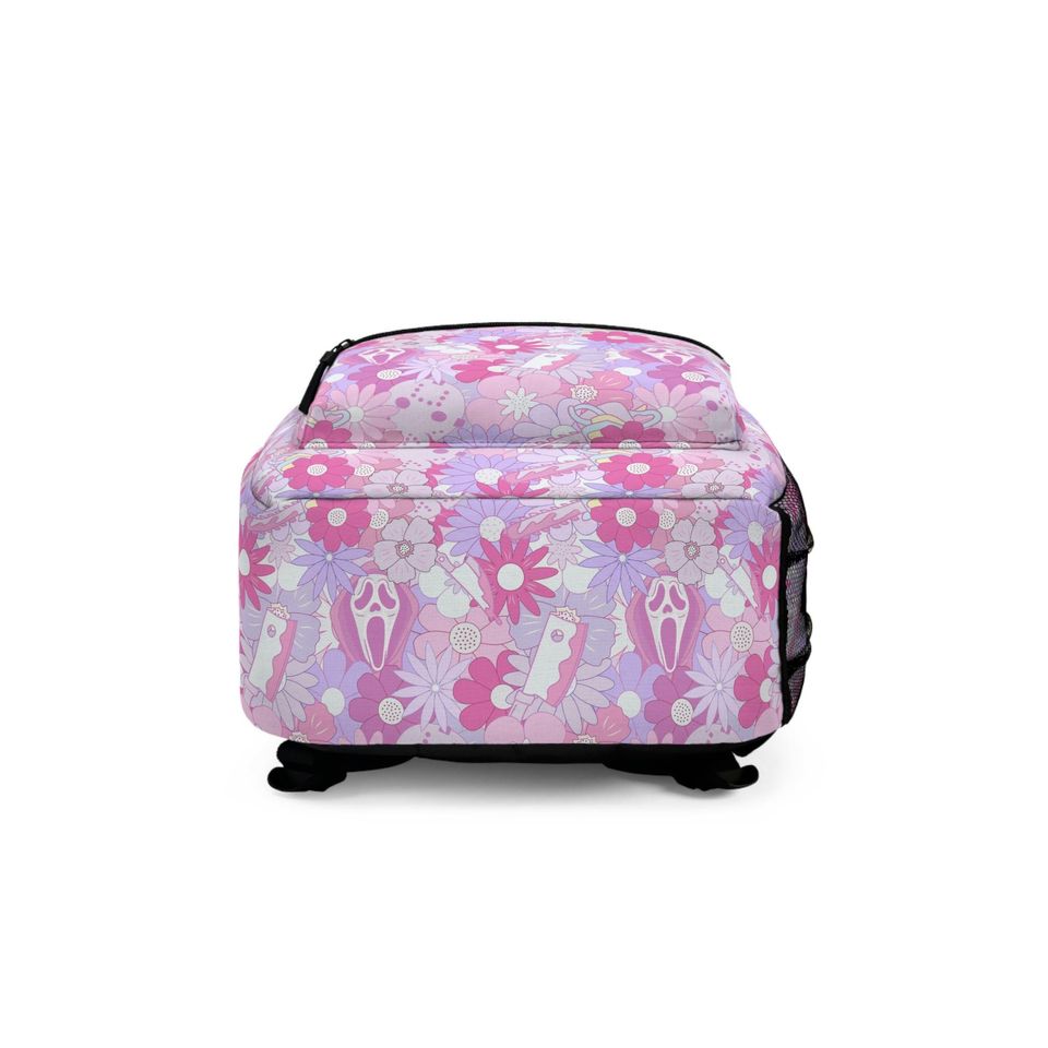 Pastel Horror Floral Backpack - Cute Scary Face & Dagger Print in Pink and Purple