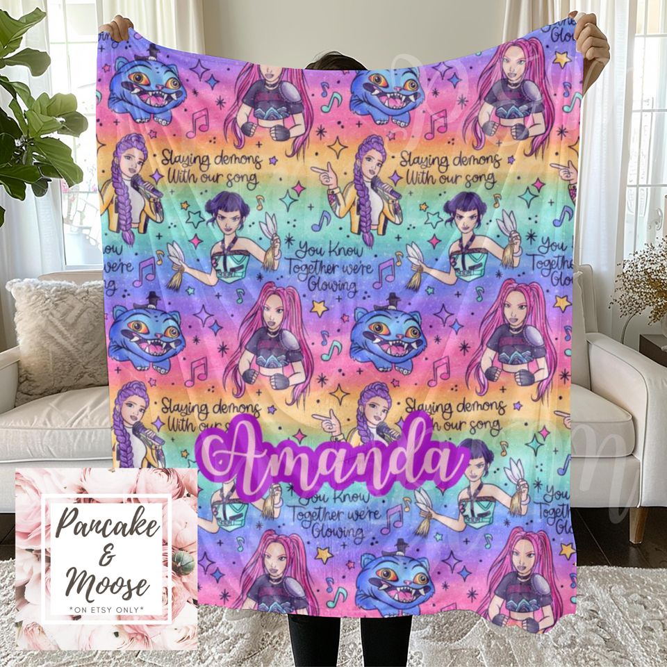 Custom Kpop Demon Hunters Blanket, Personalized Name Throw featuring Mira Rumi Zoey and Derby