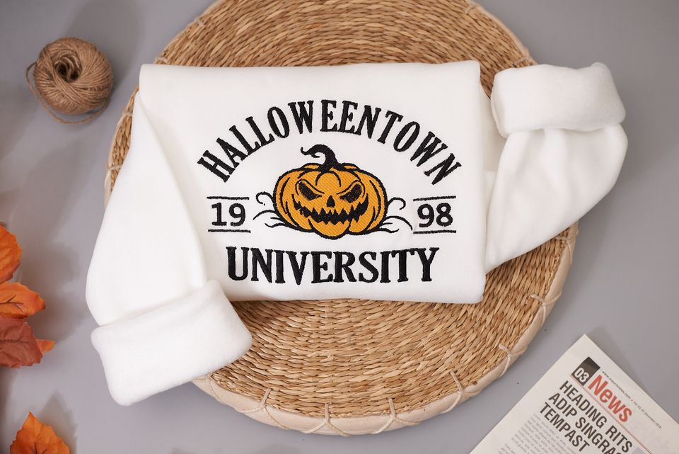 Halloween Town Embroidery Sweatshirt, Vintage Halloween Sweatshirt