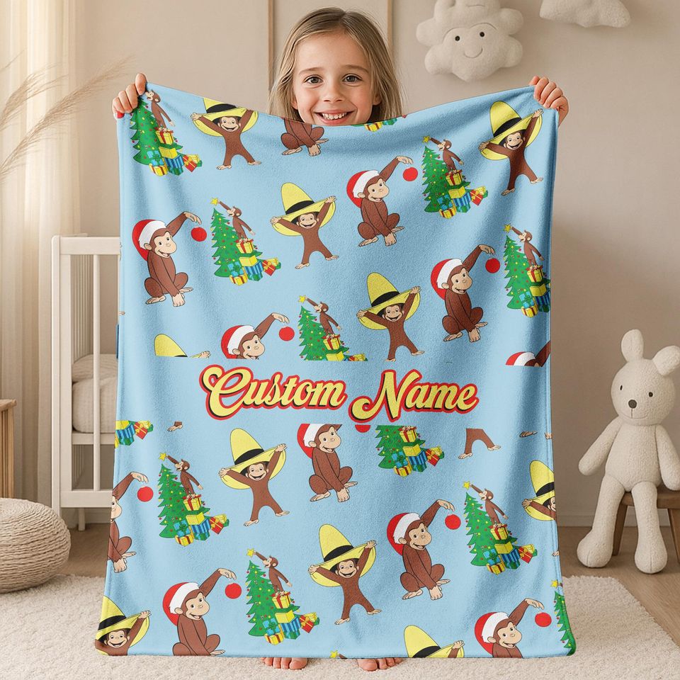 Personalized Curious George Christmas Blanket, Curious George Christmas Blanket