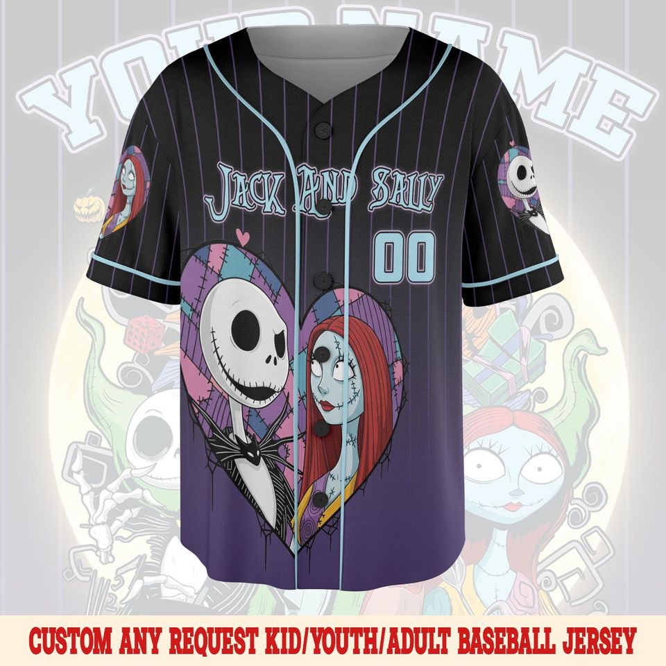 Halloween Jack And Sally Baseball Jersey, Personalized Nightmare Before Christmas Jersey