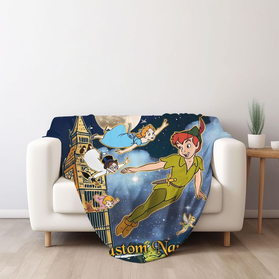 Personalized Watercolor Disney Peter Pan Blanket, Peter Pan Wendy Tinker Bell