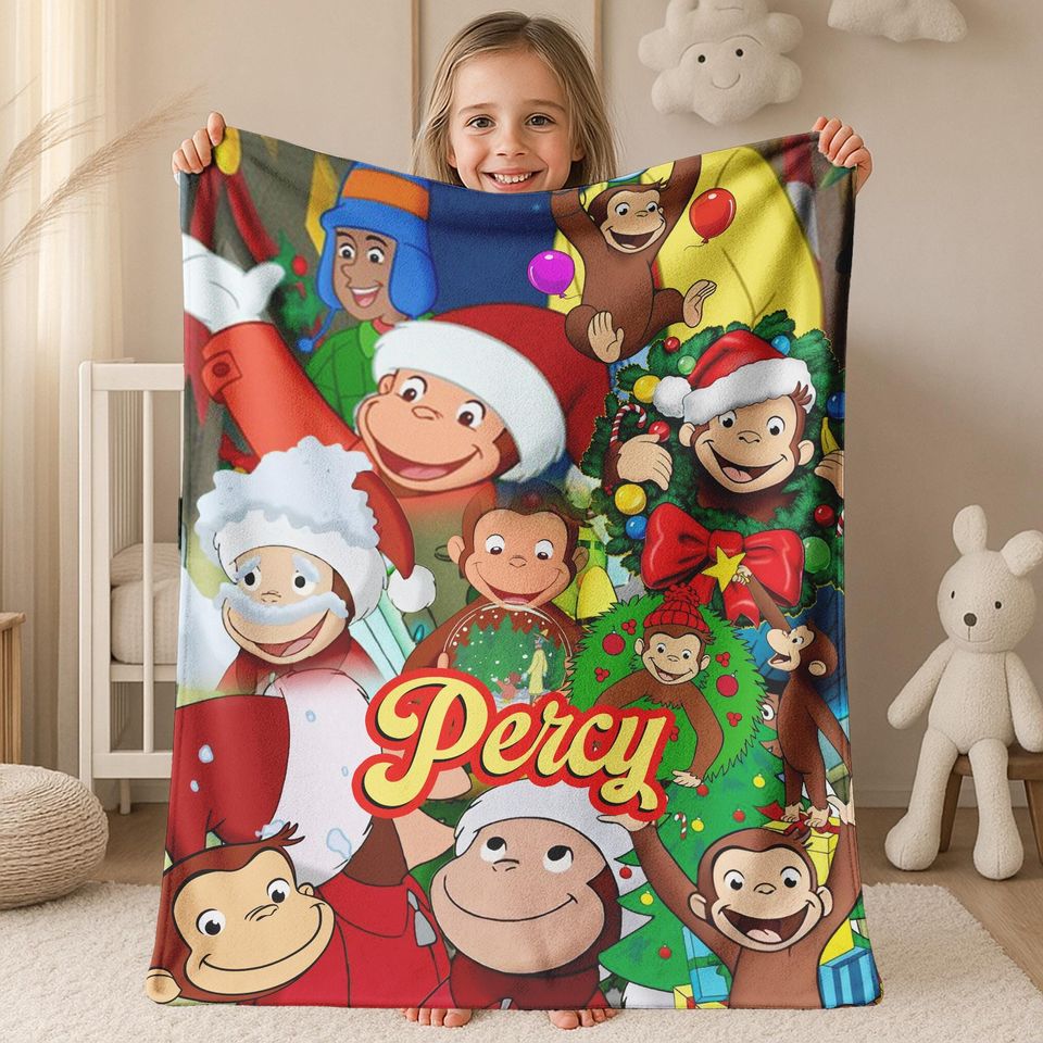 Personalized Curious George Christmas Blanket, Curious George Christmas Blanket