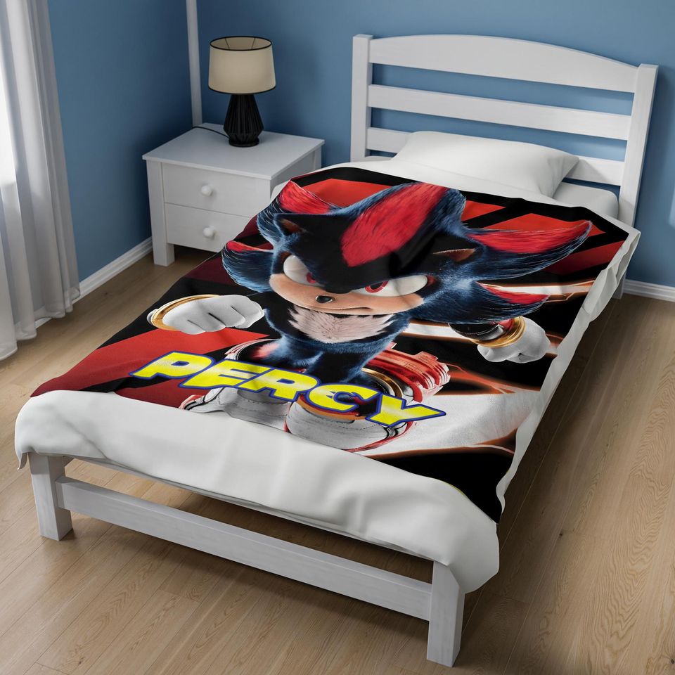 Custom Sonic Shadow Blanket, Personalized Cartoon Hedgehog Minky Sherpa Blanket