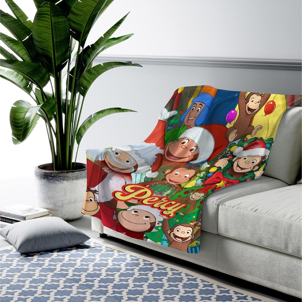 Personalized Curious George Christmas Blanket, Curious George Christmas Blanket