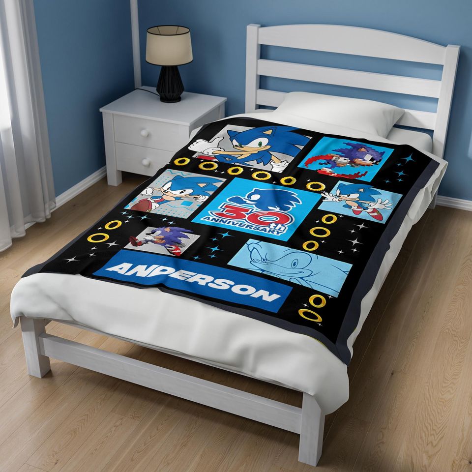Custom Sonic The Hedgehog Blanket, Personalized Cartoon Hedgehog Minky Sherpa Blanket