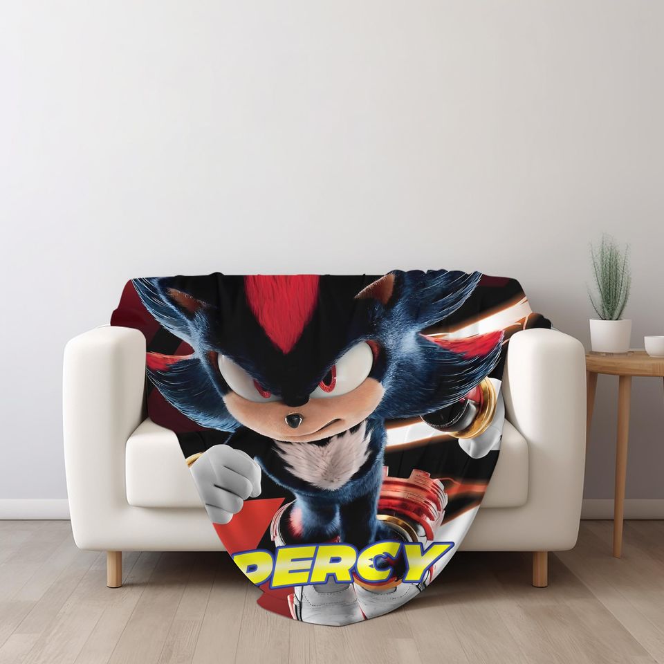 Custom Sonic Shadow Blanket, Personalized Cartoon Hedgehog Minky Sherpa Blanket