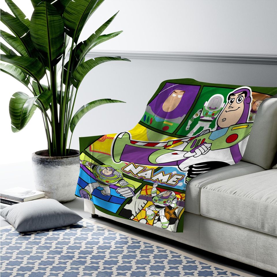 Personalized Buzz Lightyear Blanket, Custom Name Animated Character Plush Fleece Blanket