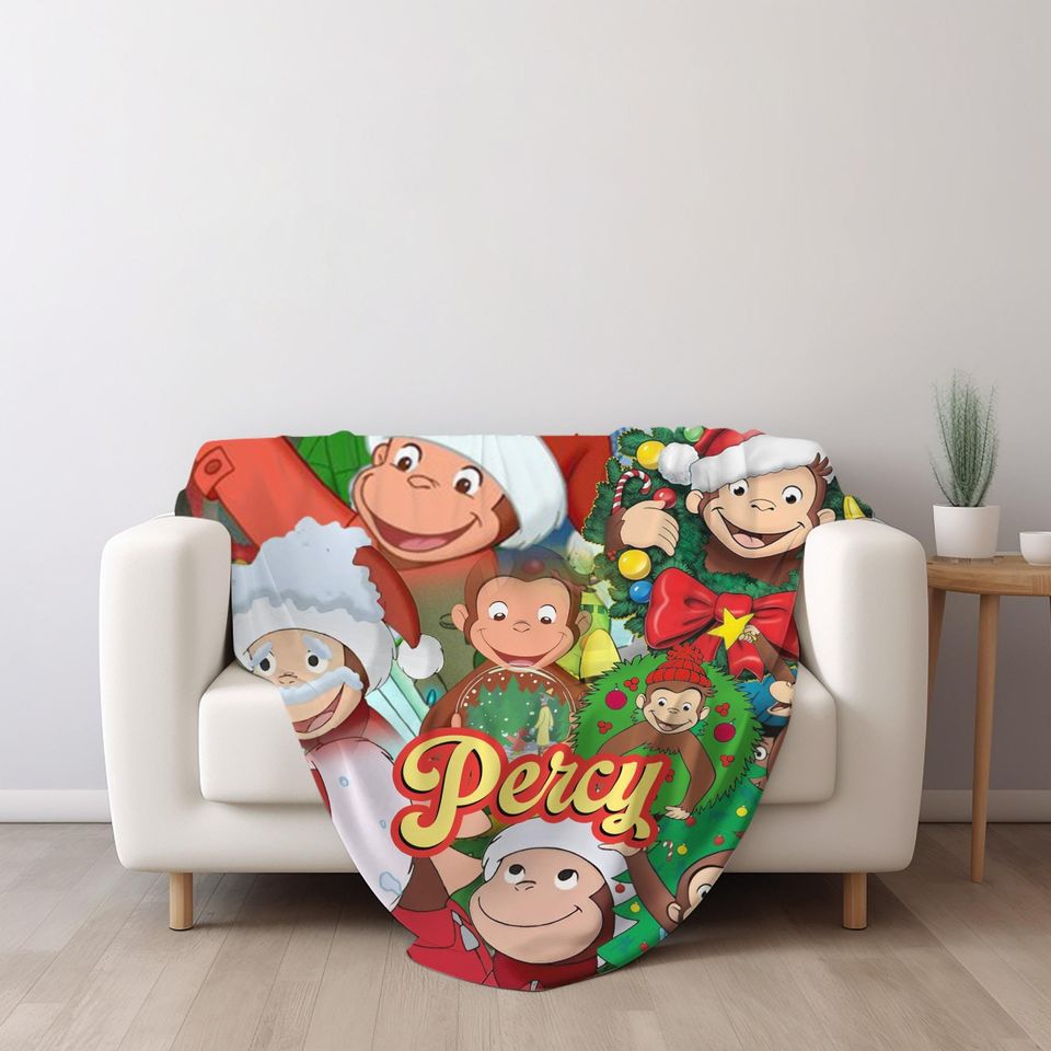 Personalized Curious George Christmas Blanket, Curious George Christmas Blanket