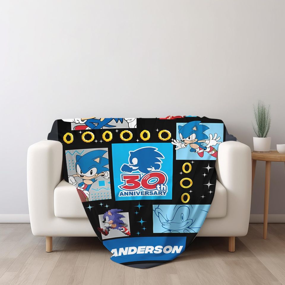 Custom Sonic The Hedgehog Blanket, Personalized Cartoon Hedgehog Minky Sherpa Blanket