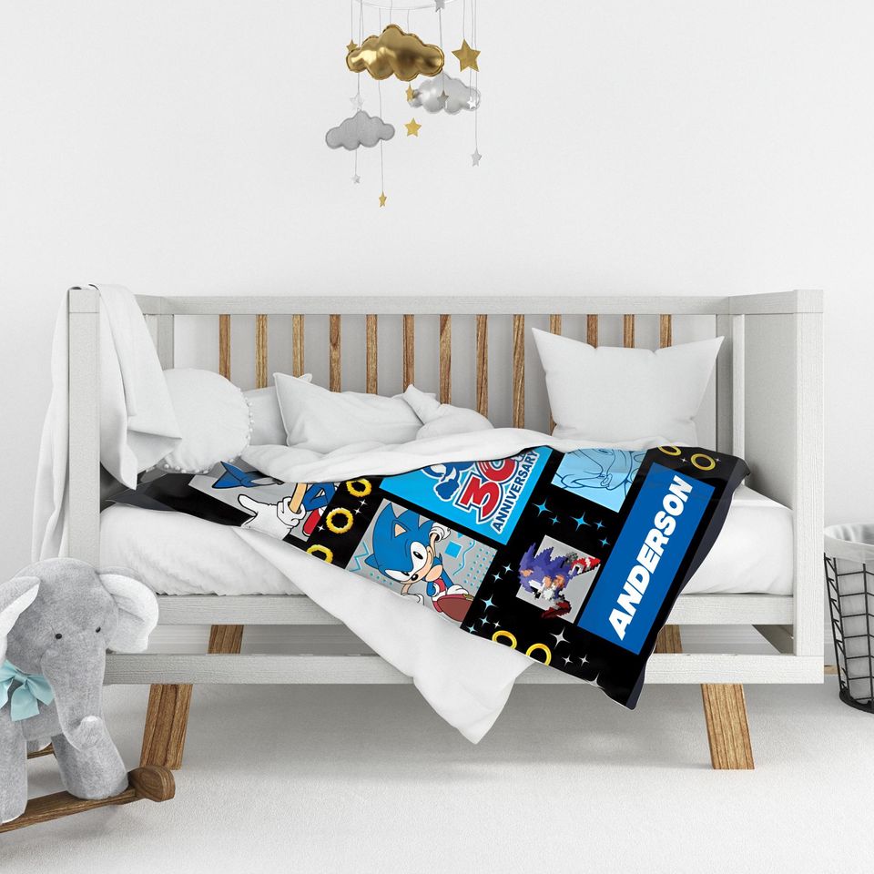 Custom Sonic The Hedgehog Blanket, Personalized Cartoon Hedgehog Minky Sherpa Blanket