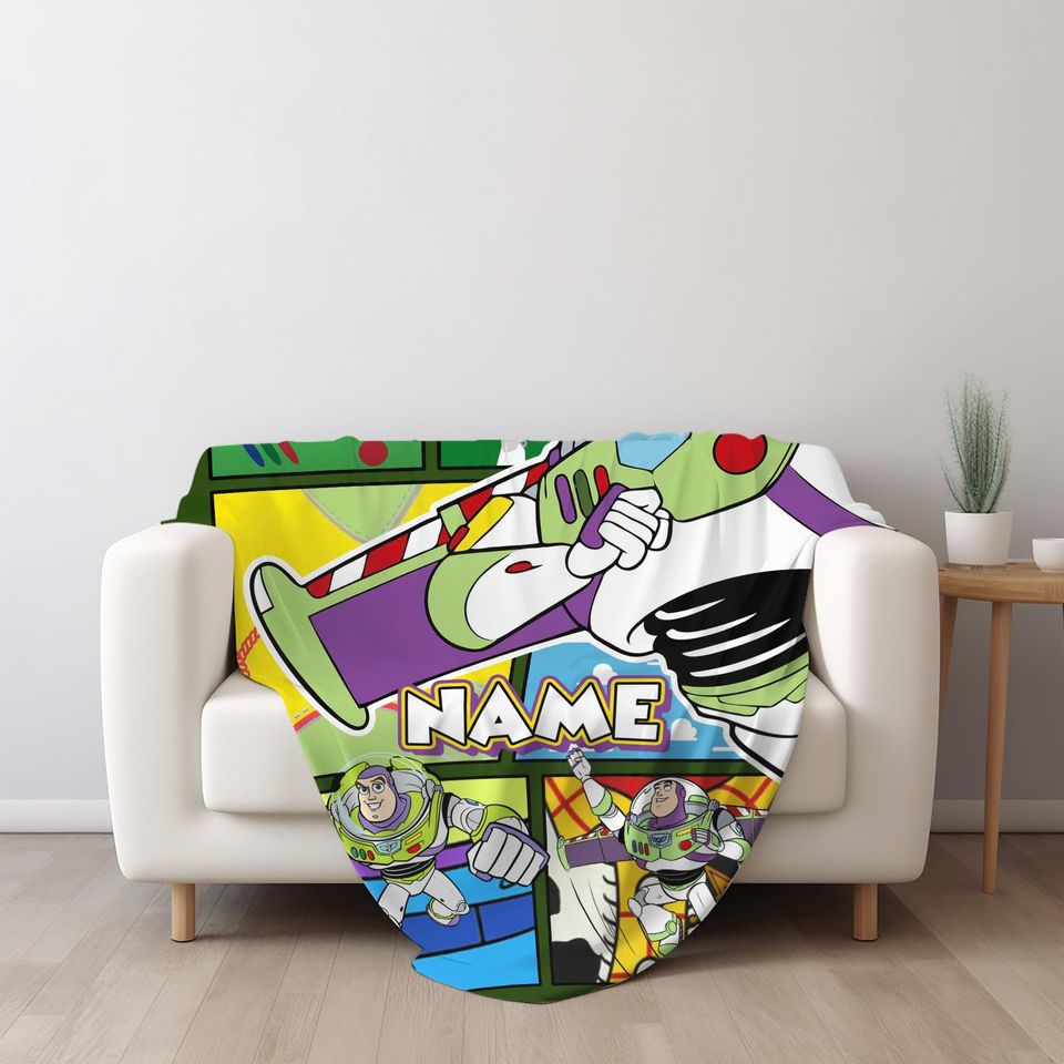 Personalized Buzz Lightyear Blanket, Custom Name Animated Character Plush Fleece Blanket