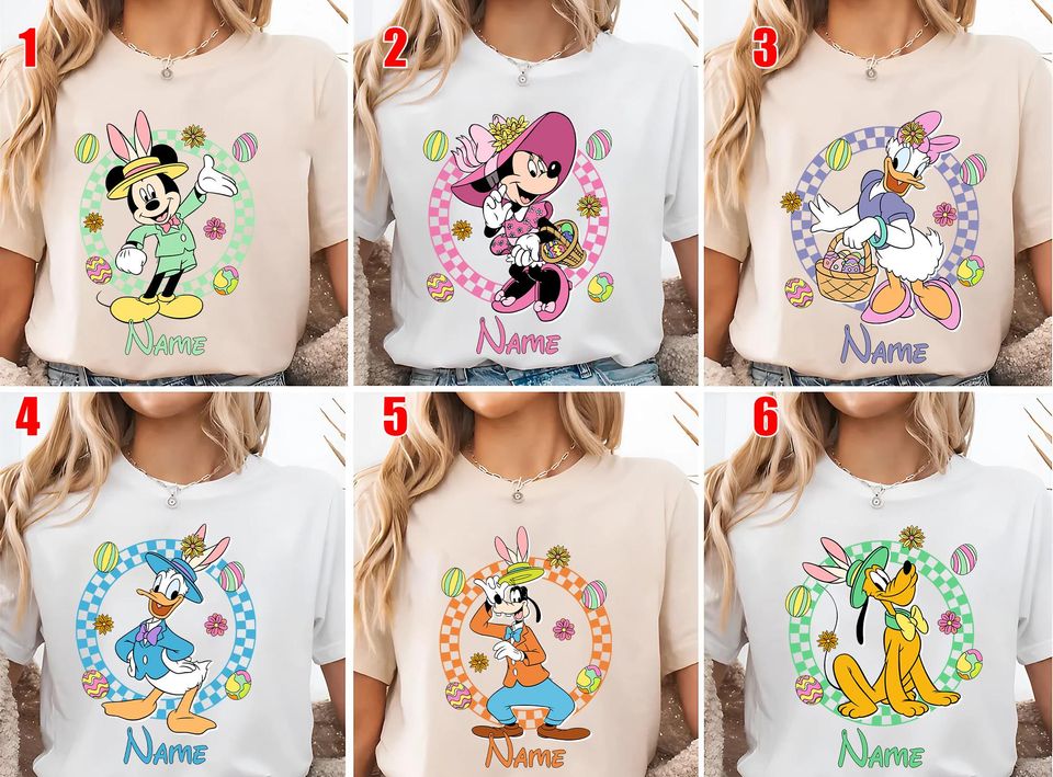 Personalized Multi Characters Checkered Mickey & Friends Disney Easter Shirts