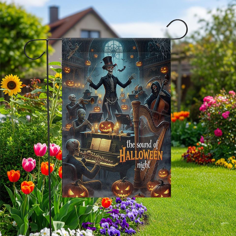 Skeleton Orchestra Halloween Garden Flag. Haunted Concert Yard Decor
