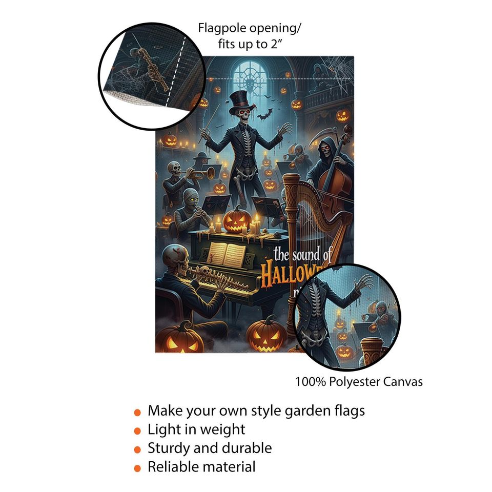 Skeleton Orchestra Halloween Garden Flag. Haunted Concert Yard Decor