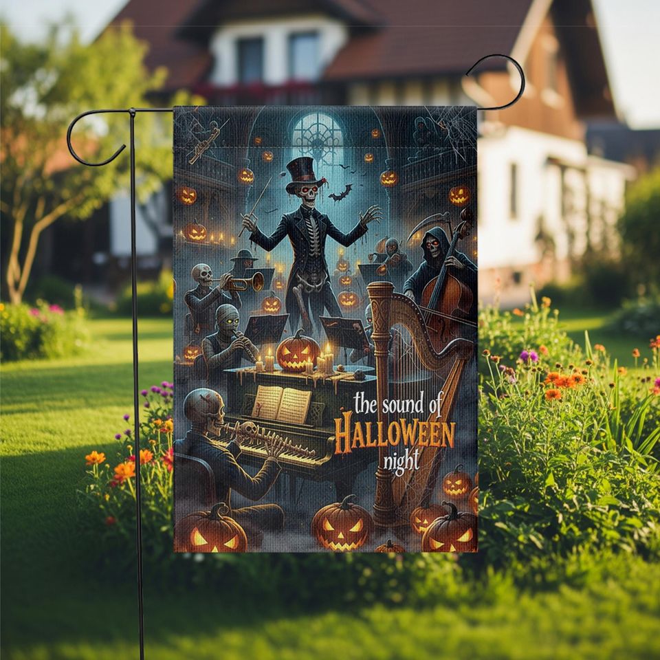 Skeleton Orchestra Halloween Garden Flag. Haunted Concert Yard Decor