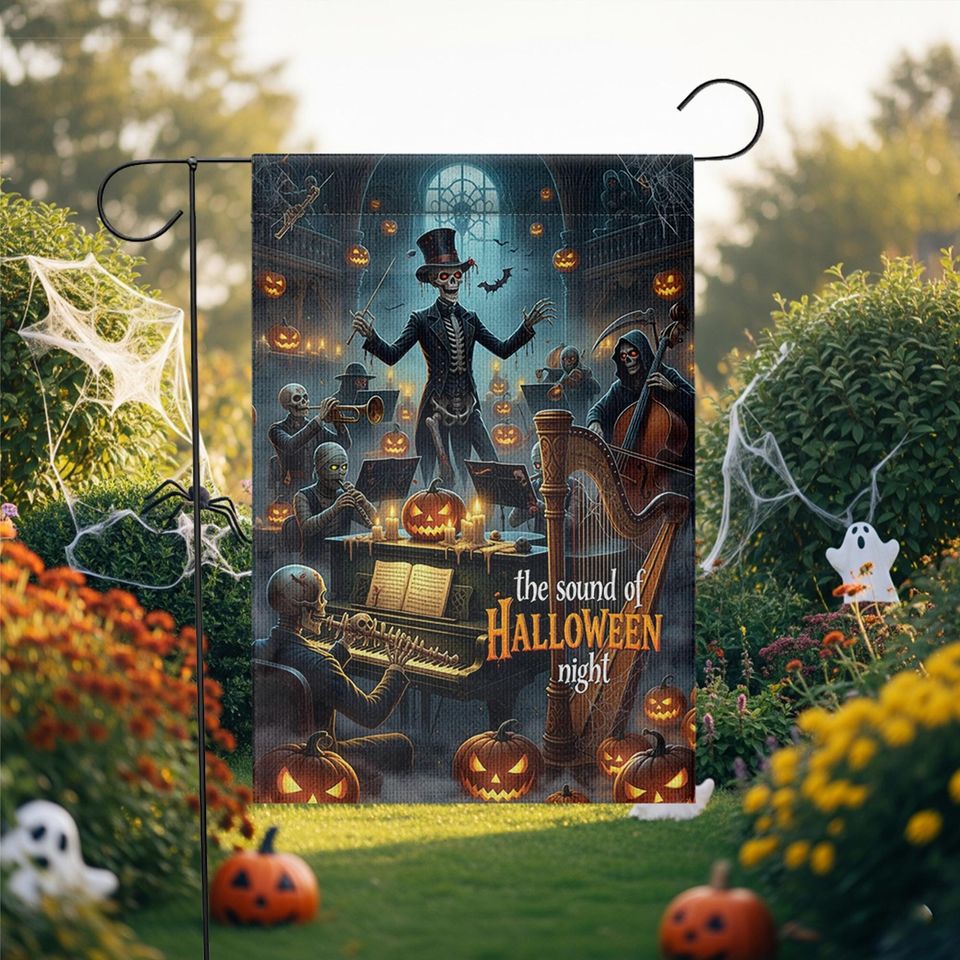 Skeleton Orchestra Halloween Garden Flag. Haunted Concert Yard Decor