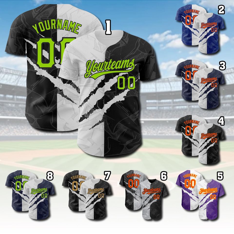 Custom Split Color Baseball Jersey with Personalizable Graffiti Design