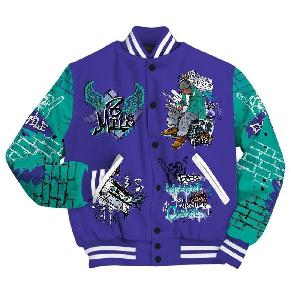 Dunkare Retro Grape 5s Baseball Jacket - 8Mile Movie Graffiti All Over Print