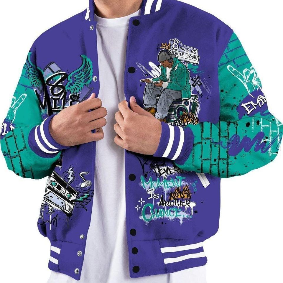 Dunkare Retro Grape 5s Baseball Jacket - 8Mile Movie Graffiti All Over Print