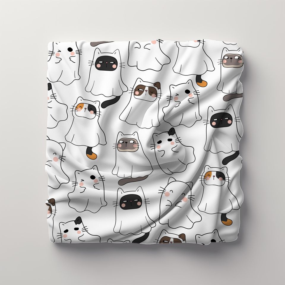 Halloween Cute Ghost Cat Blanket, Kawaii Cat Halloween, Spooky Black Cat, Ghost Blanket, Cat Lover Gift, Dorm Room Decor, Cozy Fall Bedding