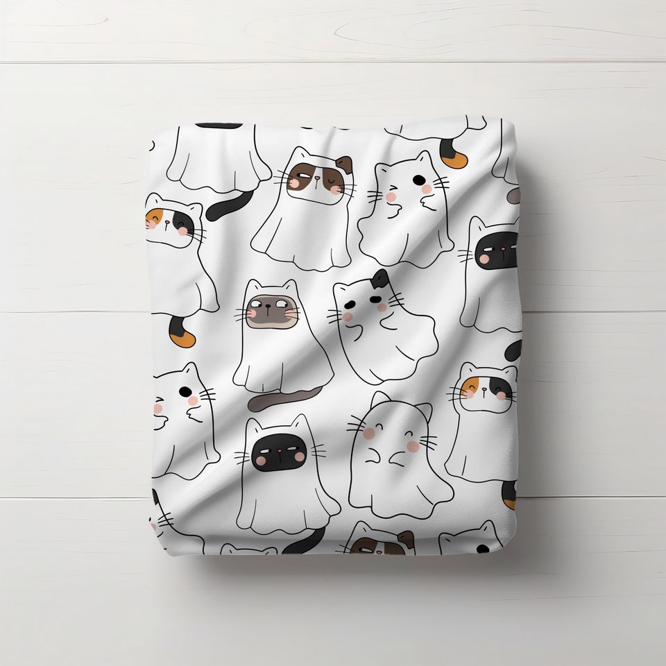 Halloween Cute Ghost Cat Blanket, Kawaii Cat Halloween, Spooky Black Cat, Ghost Blanket, Cat Lover Gift, Dorm Room Decor, Cozy Fall Bedding