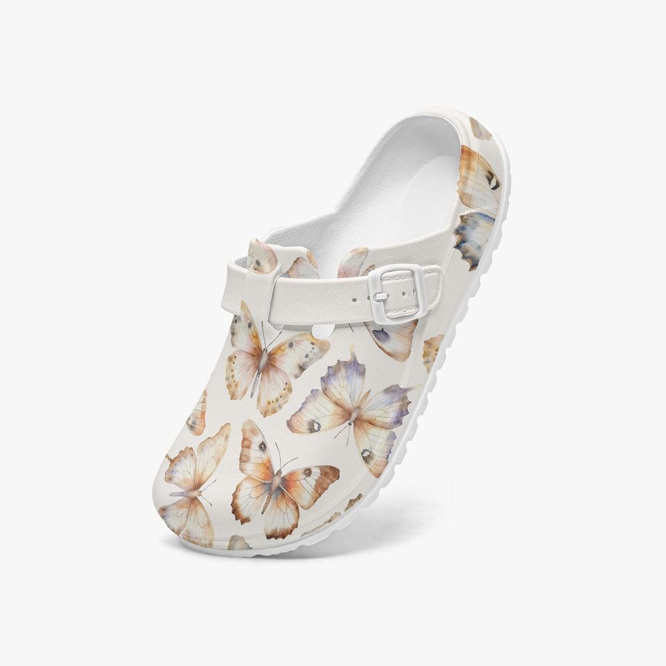 Beige Women's Butterfly Pattern Slip-On Clogs for Work, Garden, and Leisure
