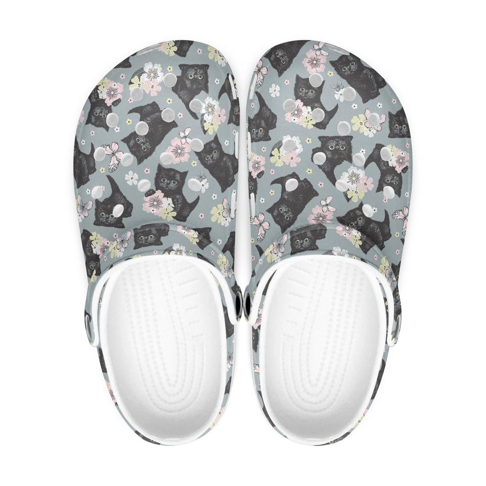 Grey men's - women's rubber clogs, cat clogs for children, cat design shoes, cat pattern women's shoes, slippers with cat motif