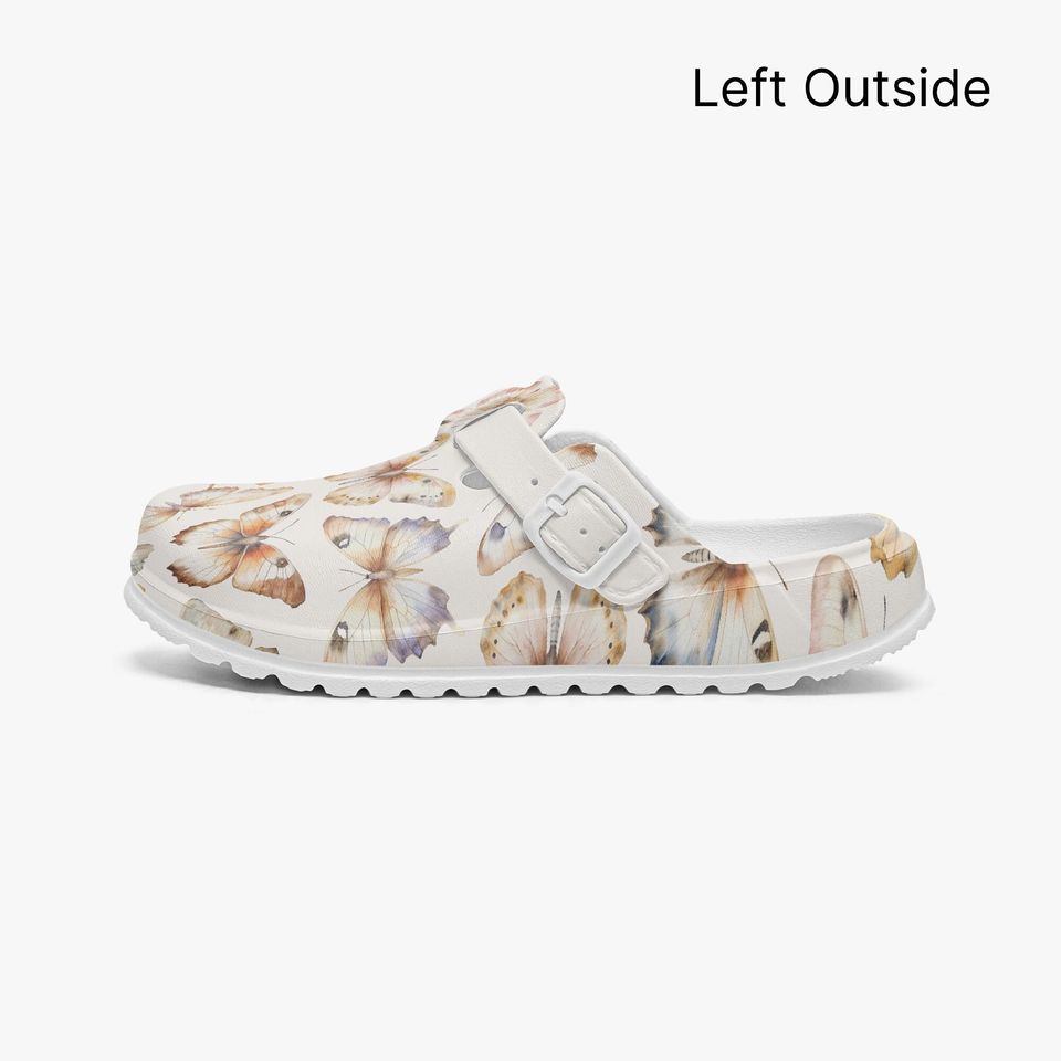 Beige Women's Butterfly Pattern Slip-On Clogs for Work, Garden, and Leisure