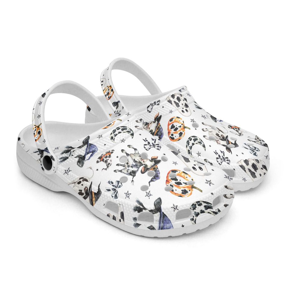 Funny Ghost Women and Men Clogs, Lightweight Garden Shoes with Halloween Cow Pattern, Pumpkin Design, Farm Clogs for Outdoor