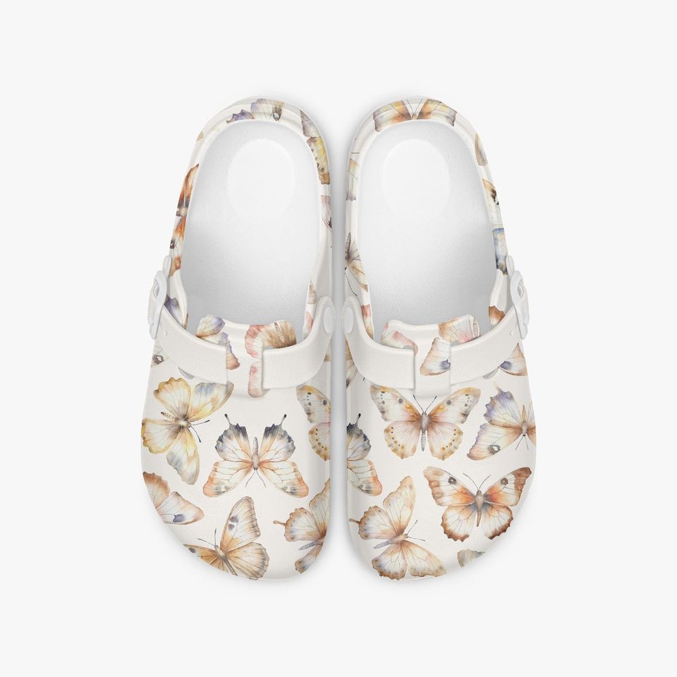 Beige Women's Butterfly Pattern Slip-On Clogs for Work, Garden, and Leisure