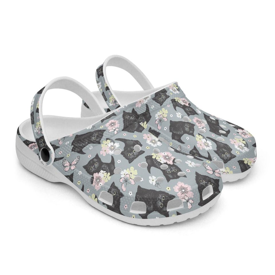 Grey men's - women's rubber clogs, cat clogs for children, cat design shoes, cat pattern women's shoes, slippers with cat motif
