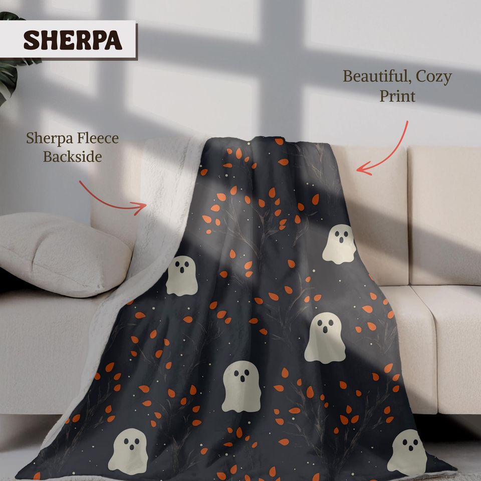 Cozy Halloween Ghost Sherpa Blanket - Cute Fall Blanket - Goth Reading Blanket - Spooky Autumn Home Decor