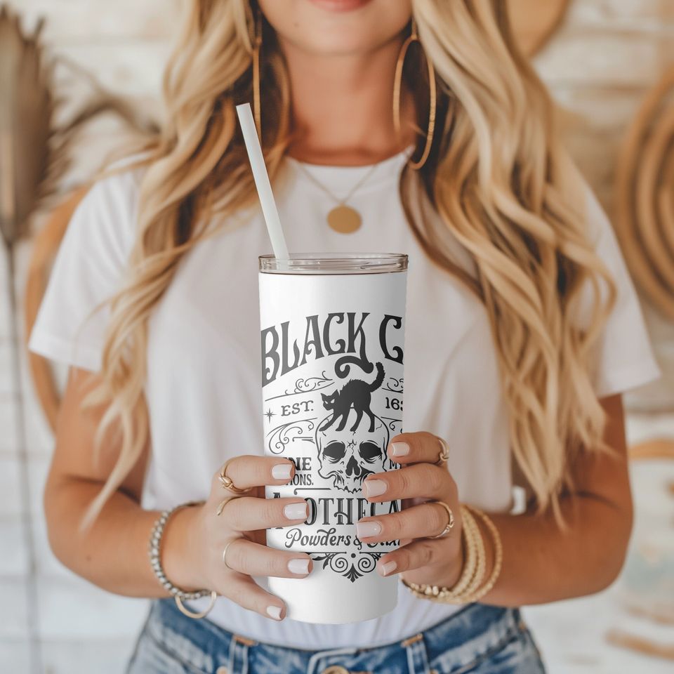 Halloween Tumbler with Straw - Black Cat Apothecary, 20oz