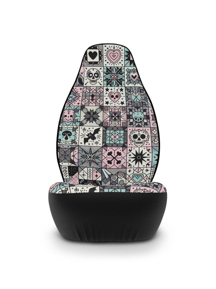 Pastel Goth Car Seat Covers: Skull Patchwork, Halloween Decor - Set of Two