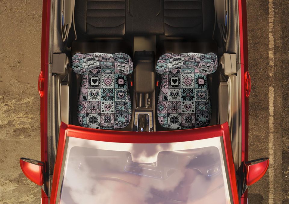 Pastel Goth Car Seat Covers: Skull Patchwork, Halloween Decor - Set of Two
