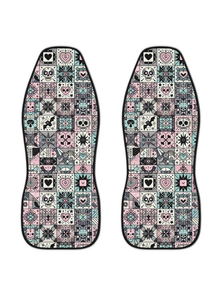Pastel Goth Car Seat Covers: Skull Patchwork, Halloween Decor - Set of Two