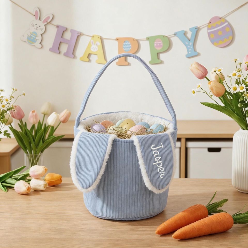 Personalized Corduroy Easter Basket, Custom Easter Bag, Embroidered Name Easter Bucket, Kids Bunny Basket with Name, Kids Easter Gift