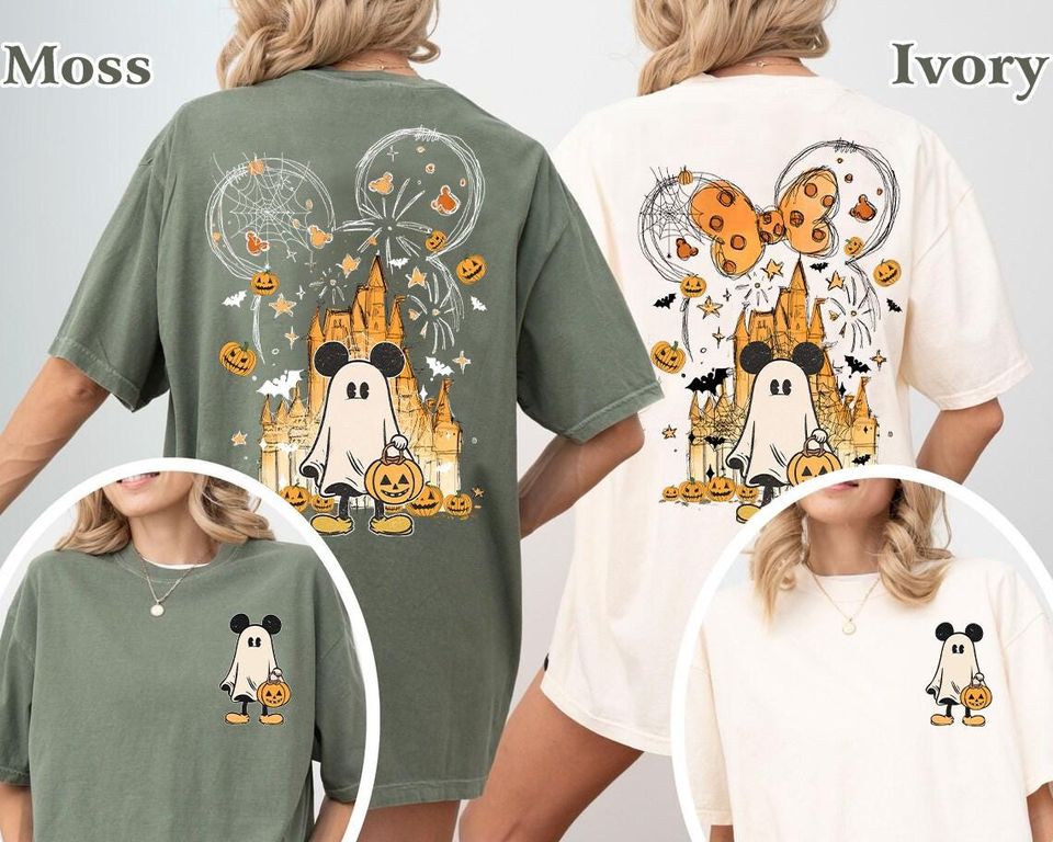 Double-Sided Watercolor Castle Halloween Shirt, Mickey Ghost Shirt