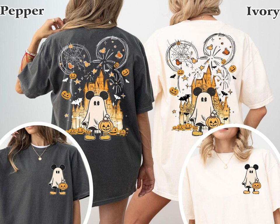 Double-Sided Watercolor Castle Halloween Shirt, Mickey Ghost Shirt